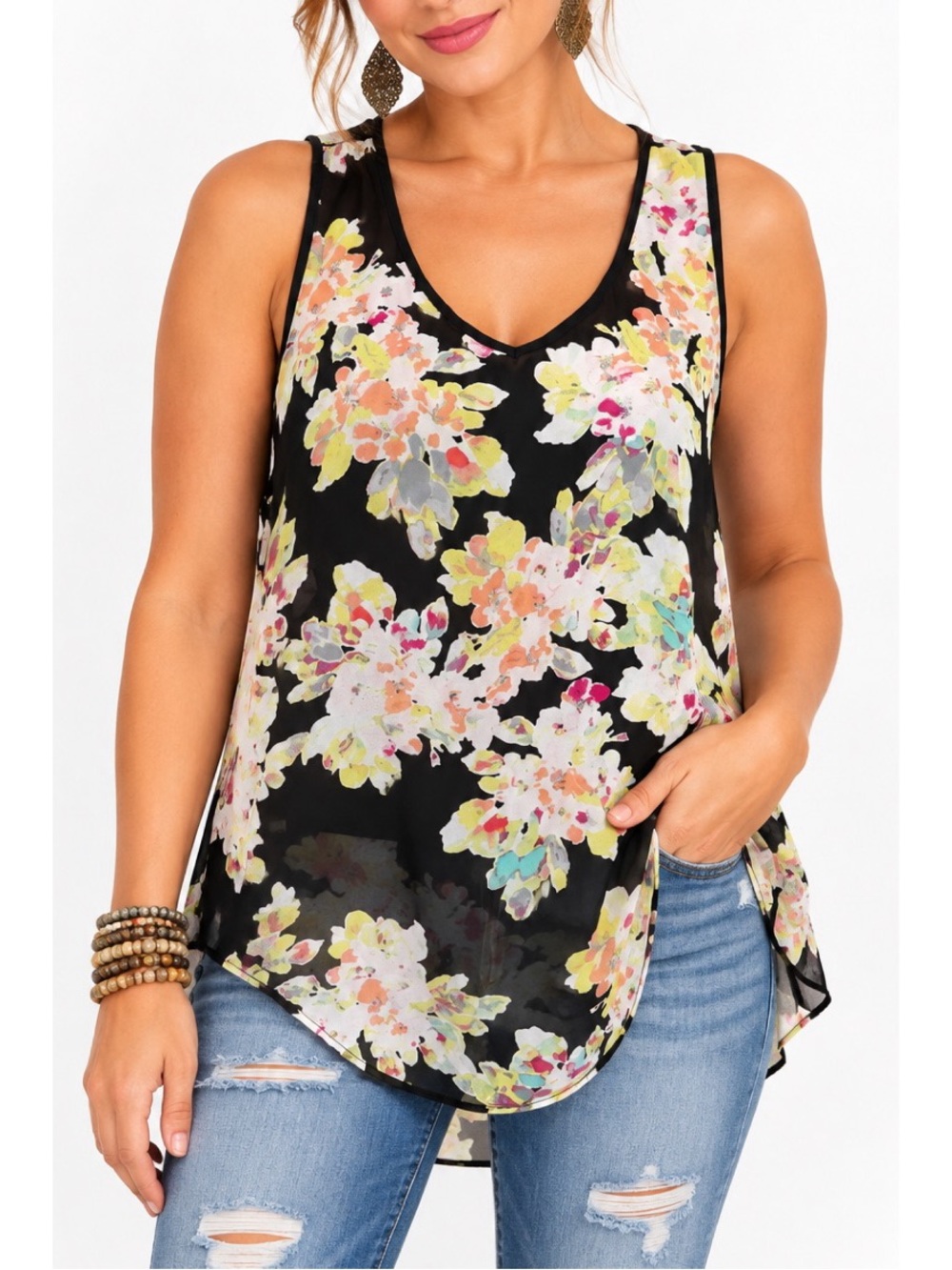 Studio Y Black Floral Semi-Sheer Sleeveless Top- Medium
